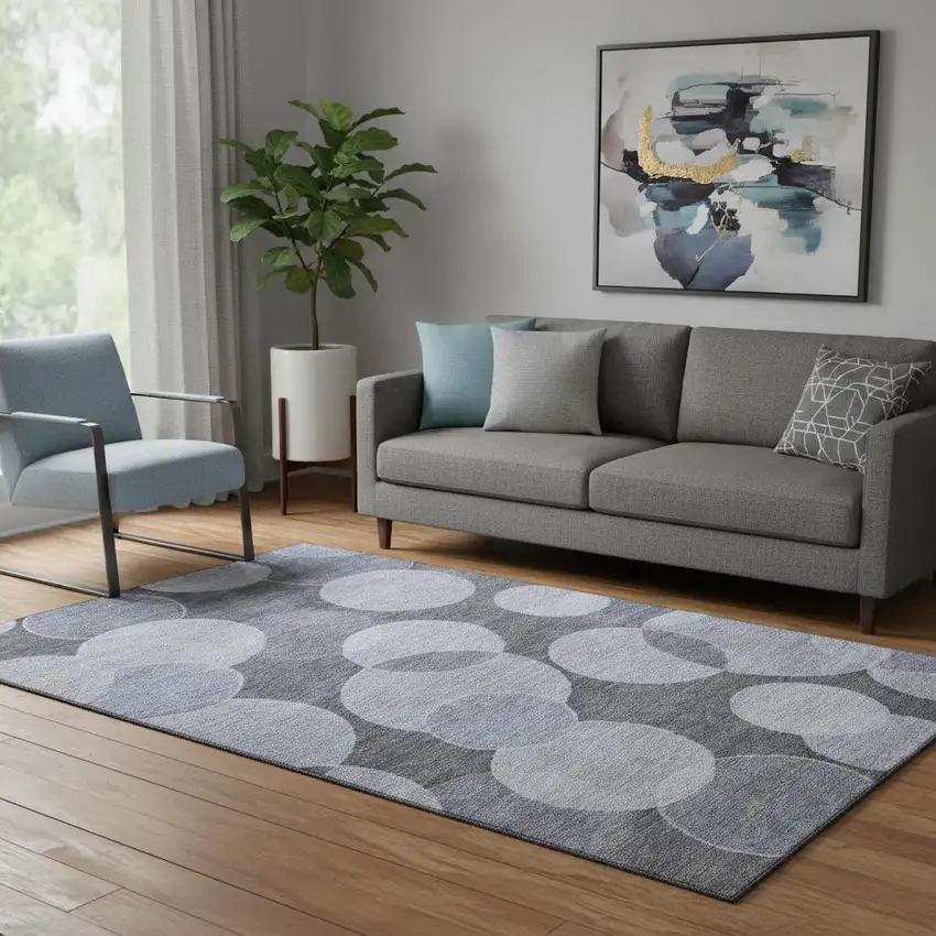 Denim Blue And Sky Blue Geometric Washable Area Rug With UV Protection Photo 2