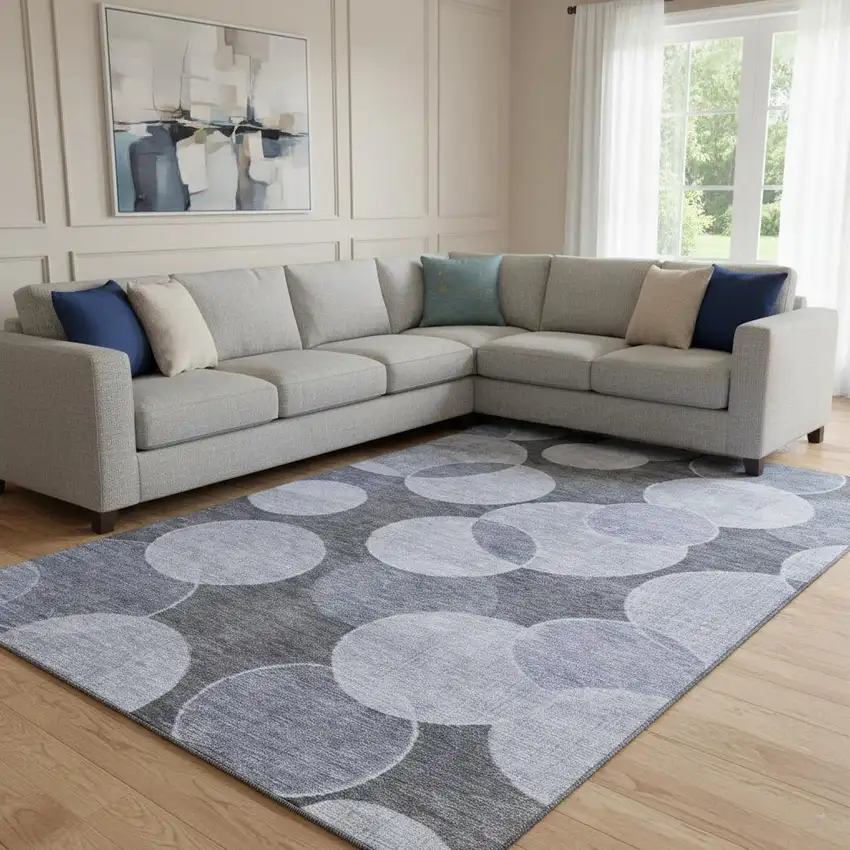 Denim Blue And Sky Blue Geometric Washable Area Rug With UV Protection Photo 2