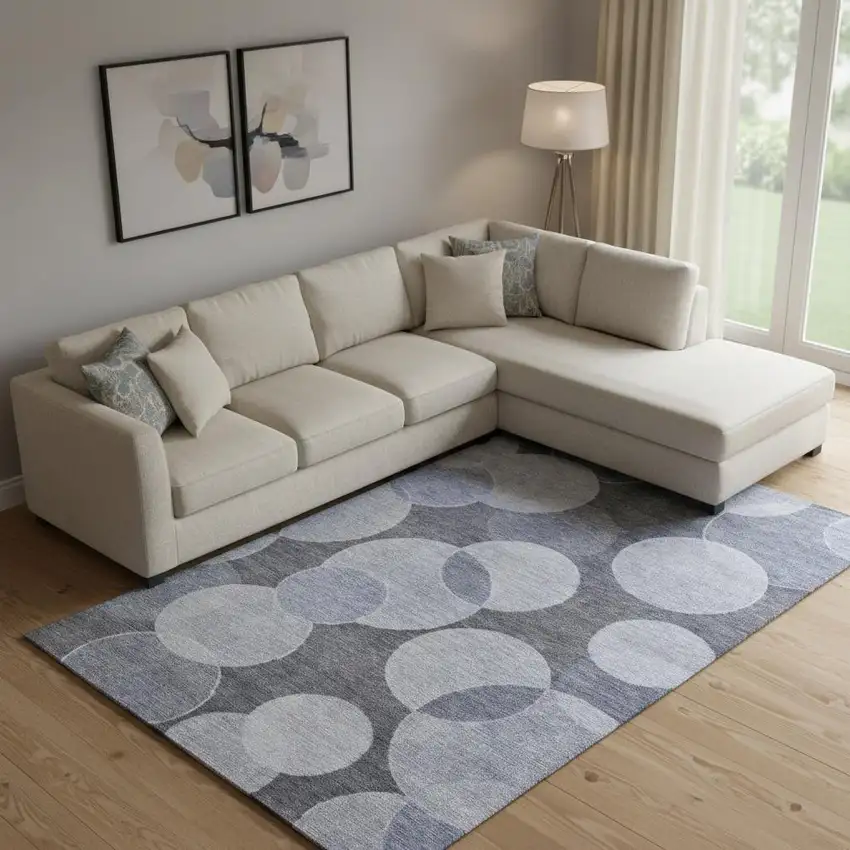 Denim Blue And Sky Blue Geometric Washable Area Rug With UV Protection Photo 2