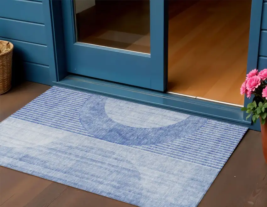 Denim Blue And Sky Blue Geometric Washable Indoor Outdoor Area Rug Photo 1