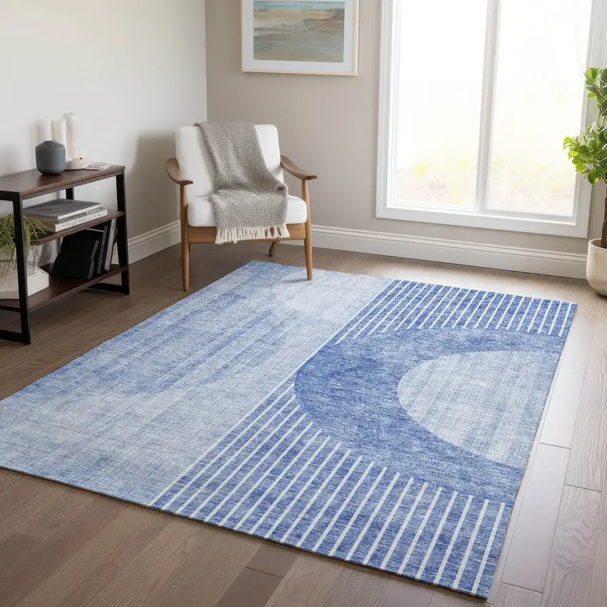 Denim Blue And Sky Blue Geometric Washable Indoor Outdoor Area Rug Photo 9