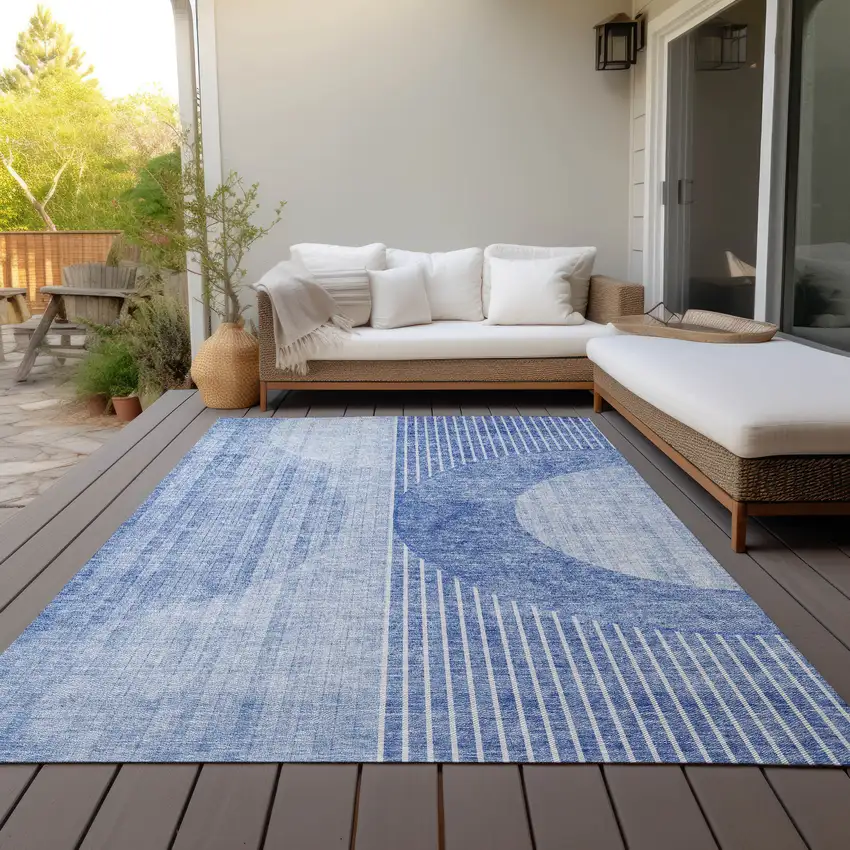 Denim Blue And Sky Blue Geometric Washable Indoor Outdoor Area Rug Photo 8