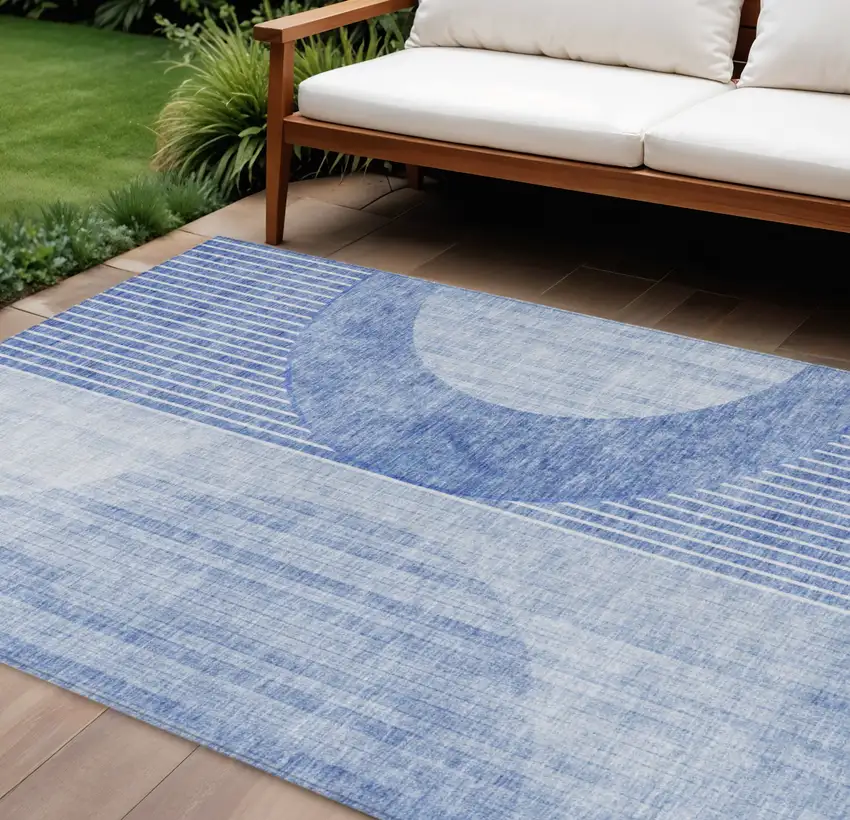 Denim Blue And Sky Blue Geometric Washable Indoor Outdoor Area Rug Photo 1