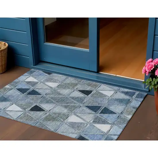 Denim Blue And Sky Blue Geometric Washable Indoor Outdoor Area Rug Photo 1