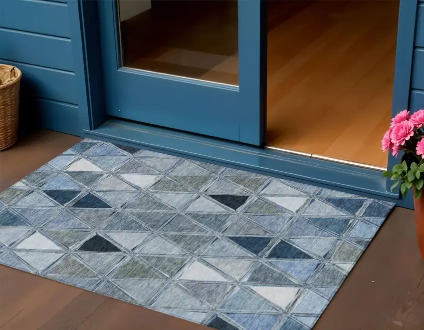 Denim Blue And Sky Blue Geometric Washable Indoor Outdoor Area Rug Photo 1