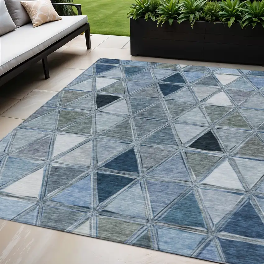 Denim Blue And Sky Blue Geometric Washable Indoor Outdoor Area Rug Photo 1