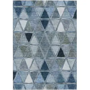 Photo of Denim Blue And Sky Blue Geometric Washable Indoor Outdoor Area Rug