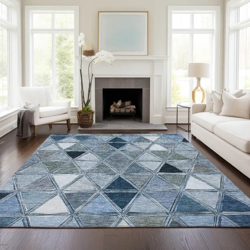 Denim Blue And Sky Blue Geometric Washable Indoor Outdoor Area Rug Photo 9