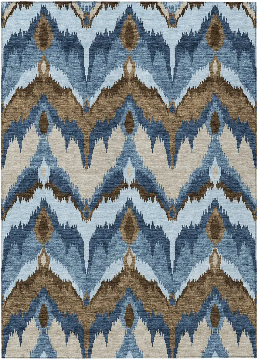 Denim Blue And Sky Blue Ikat Washable Indoor Outdoor Area Rug Photo 1