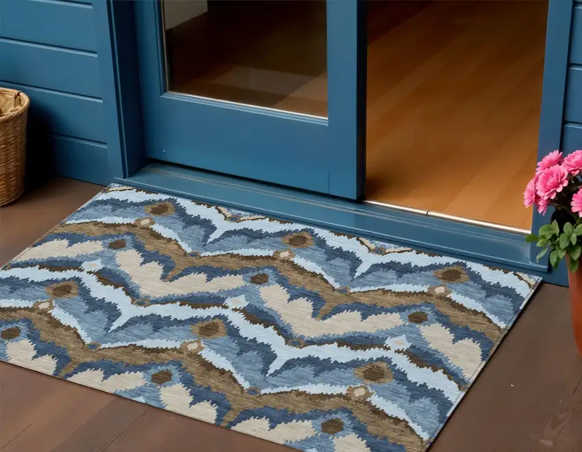 Denim Blue And Sky Blue Ikat Washable Indoor Outdoor Area Rug Photo 1