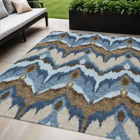 Denim Blue And Sky Blue Ikat Washable Indoor Outdoor Area Rug Photo 1