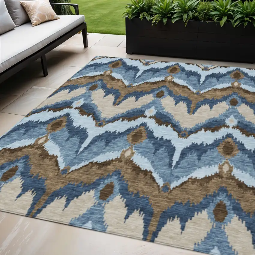 Denim Blue And Sky Blue Ikat Washable Indoor Outdoor Area Rug Photo 1