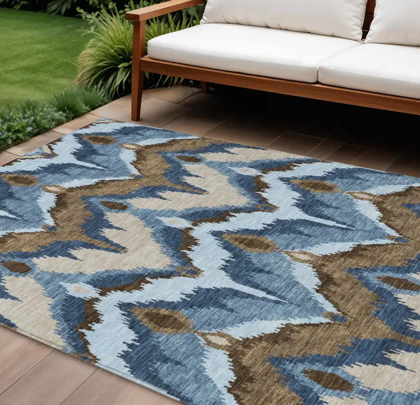 Denim Blue And Sky Blue Ikat Washable Indoor Outdoor Area Rug Photo 1