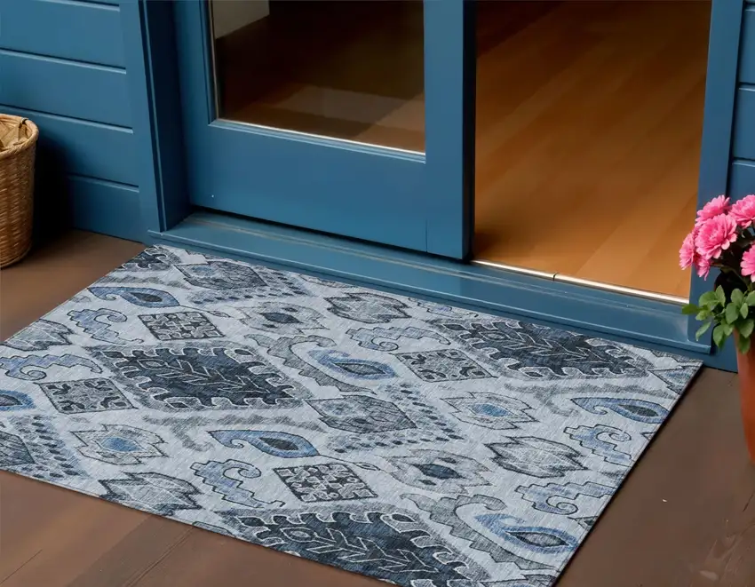 Denim Blue And Sky Blue Moroccan Washable Indoor Outdoor Area Rug Photo 1
