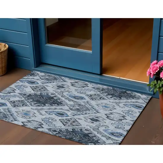 Denim Blue And Sky Blue Moroccan Washable Indoor Outdoor Area Rug Photo 1