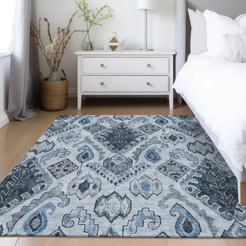 Denim Blue And Sky Blue Moroccan Washable Indoor Outdoor Area Rug Photo 9