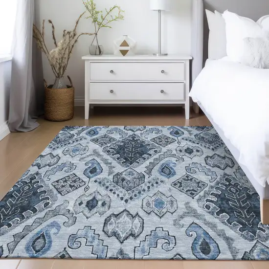 Denim Blue And Sky Blue Moroccan Washable Indoor Outdoor Area Rug Photo 9