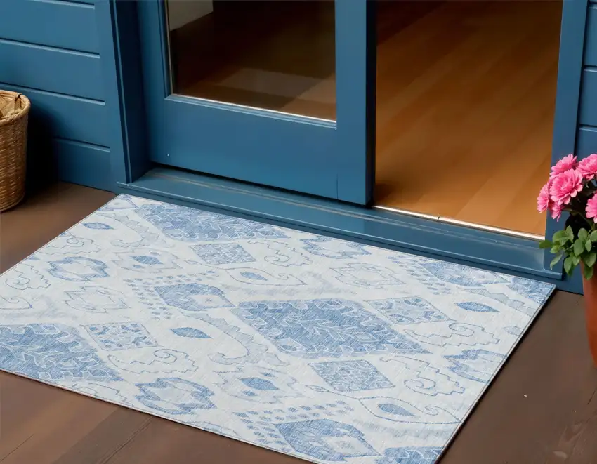 Denim Blue And Sky Blue Moroccan Washable Indoor Outdoor Area Rug Photo 2