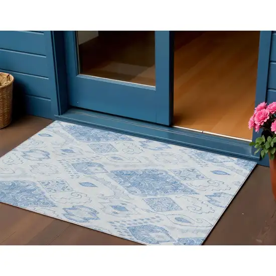 Denim Blue And Sky Blue Moroccan Washable Indoor Outdoor Area Rug Photo 2