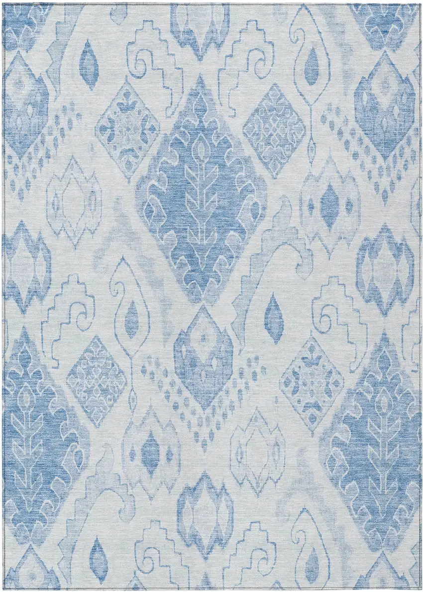 Denim Blue And Sky Blue Moroccan Washable Indoor Outdoor Area Rug Photo 1
