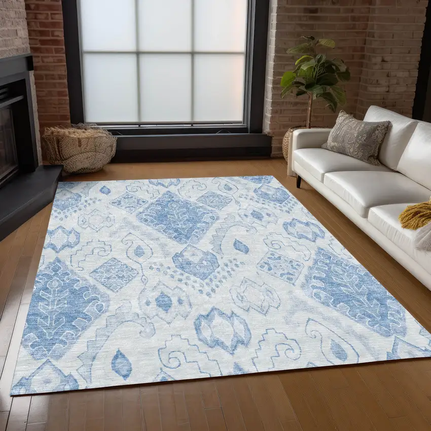 Denim Blue And Sky Blue Moroccan Washable Indoor Outdoor Area Rug Photo 9