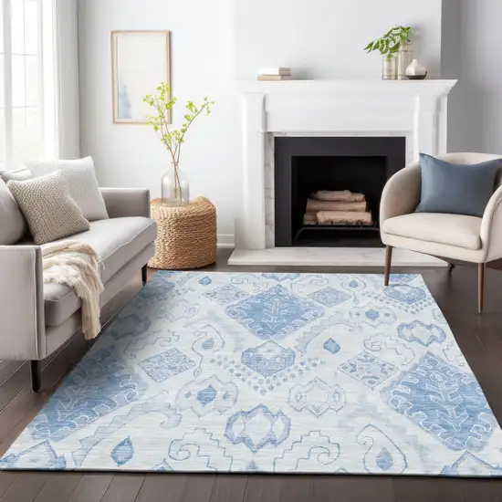 Denim Blue And Sky Blue Moroccan Washable Indoor Outdoor Area Rug Photo 8