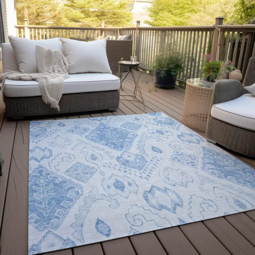 Denim Blue And Sky Blue Moroccan Washable Indoor Outdoor Area Rug Photo 8