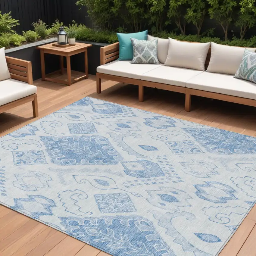 Denim Blue And Sky Blue Moroccan Washable Indoor Outdoor Area Rug Photo 1
