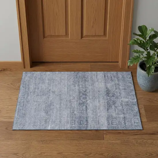 Denim Blue And Sky Blue Oriental Washable Area Rug With UV Protection Photo 1