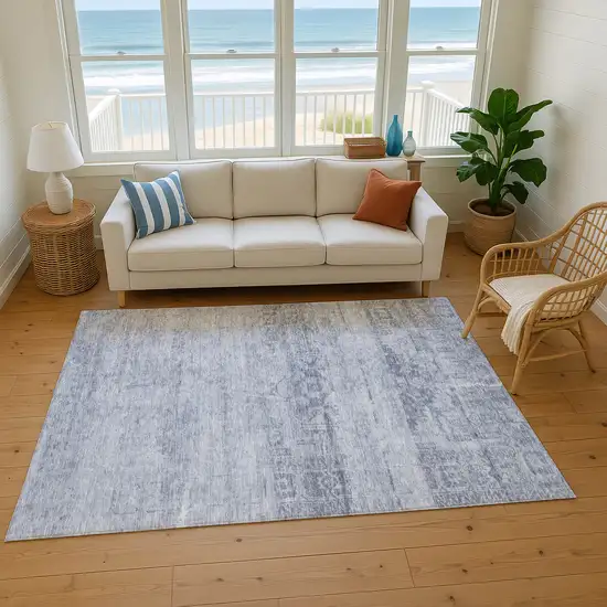 Denim Blue And Sky Blue Oriental Washable Area Rug With UV Protection Photo 5