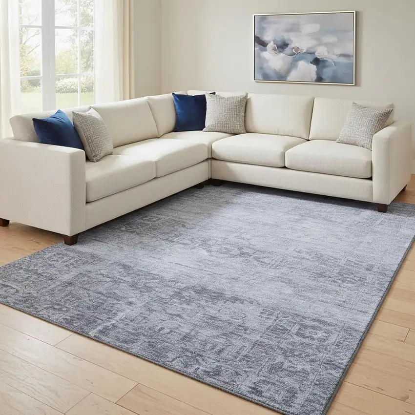 Denim Blue And Sky Blue Oriental Washable Area Rug With UV Protection Photo 2