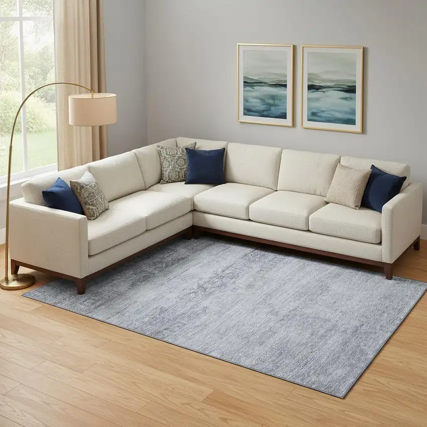 Denim Blue And Sky Blue Oriental Washable Area Rug With UV Protection Photo 2