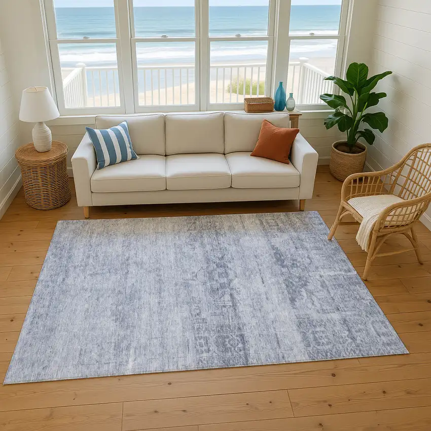 Denim Blue And Sky Blue Oriental Washable Area Rug With UV Protection Photo 5