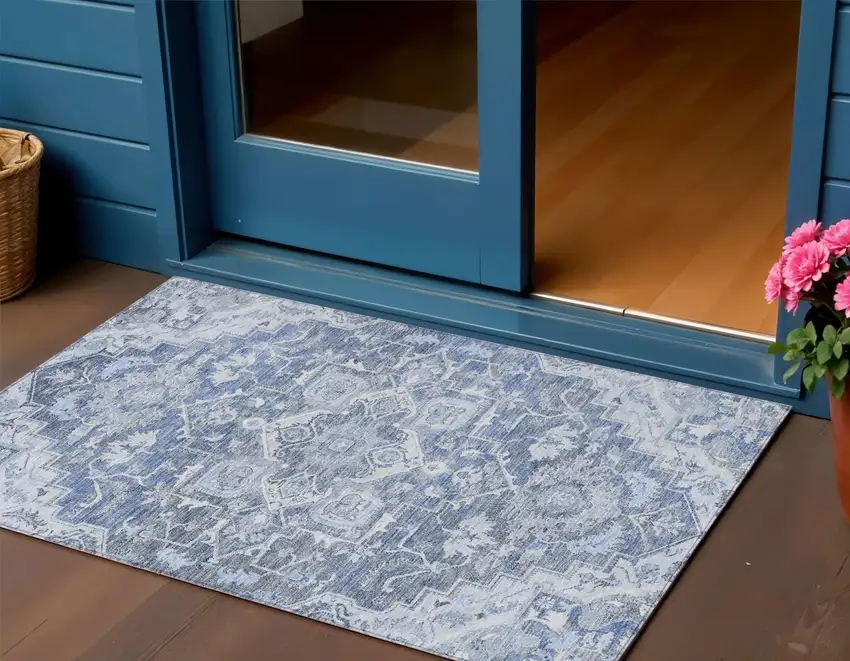Denim Blue And Sky Blue Oriental Washable Indoor Outdoor Area Rug Photo 1