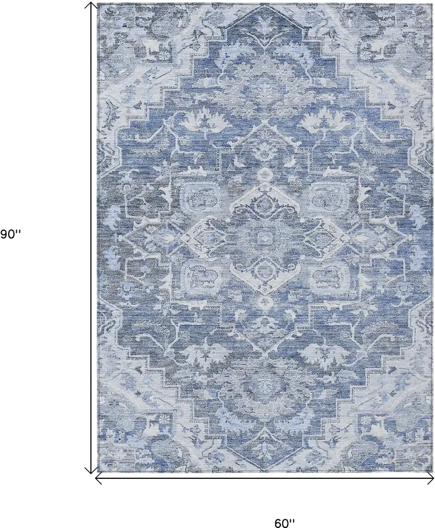 Denim Blue And Sky Blue Oriental Washable Indoor Outdoor Area Rug Photo 3