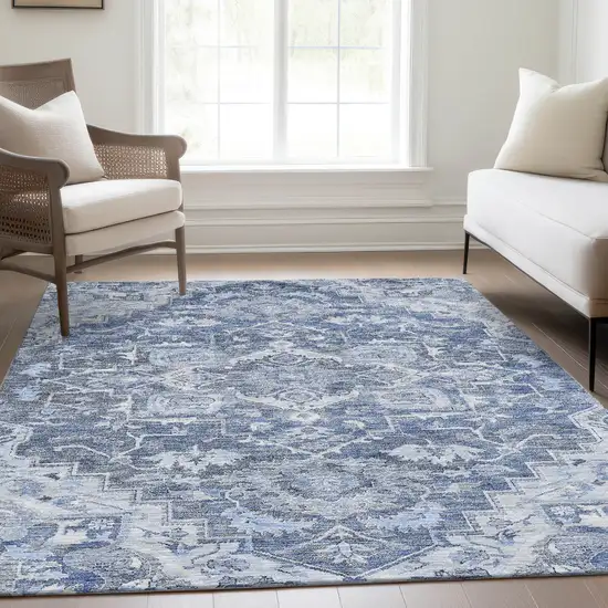 Denim Blue And Sky Blue Oriental Washable Indoor Outdoor Area Rug Photo 8