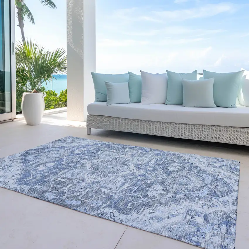 Denim Blue And Sky Blue Oriental Washable Indoor Outdoor Area Rug Photo 7