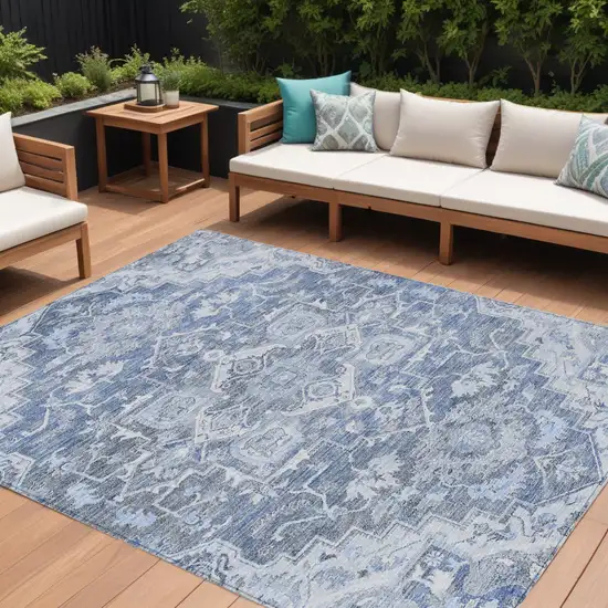 Denim Blue And Sky Blue Oriental Washable Indoor Outdoor Area Rug Photo 1