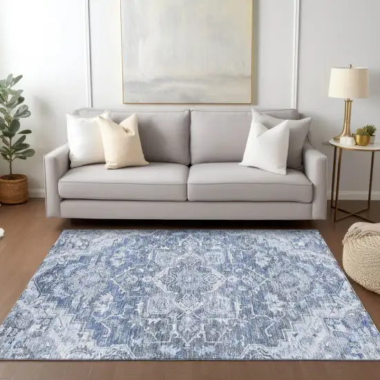 Denim Blue And Sky Blue Oriental Washable Indoor Outdoor Area Rug Photo 9