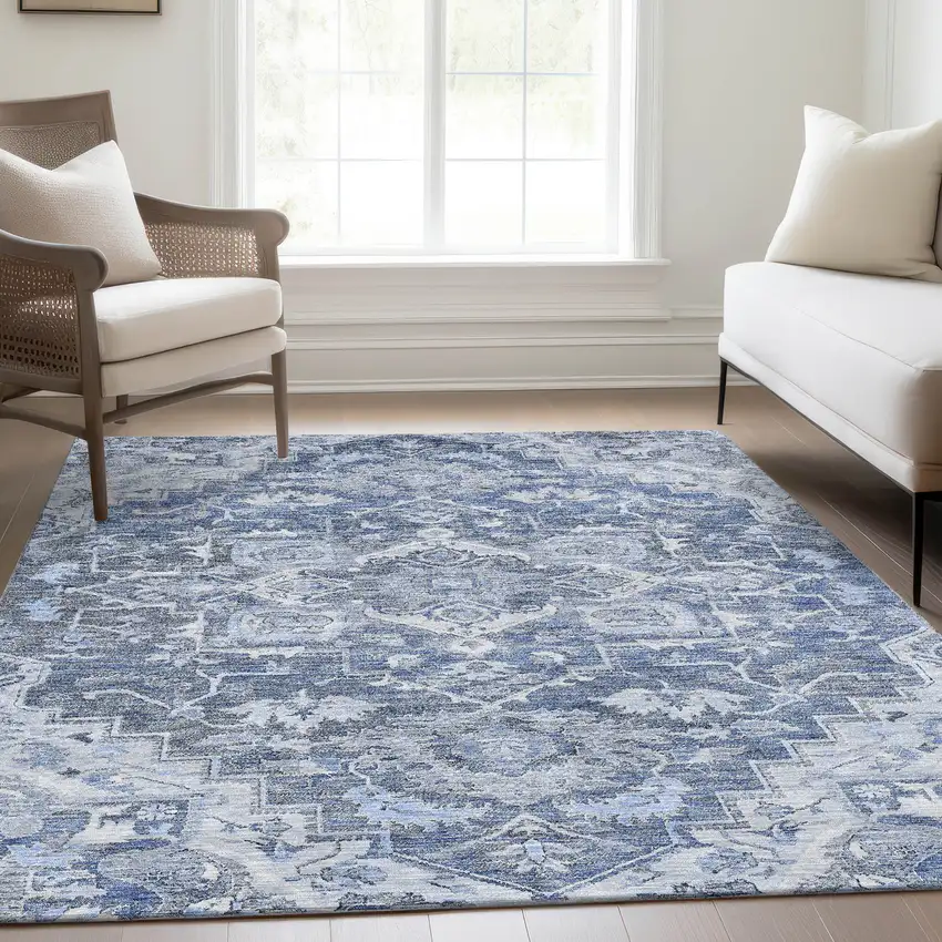 Denim Blue And Sky Blue Oriental Washable Indoor Outdoor Area Rug Photo 9