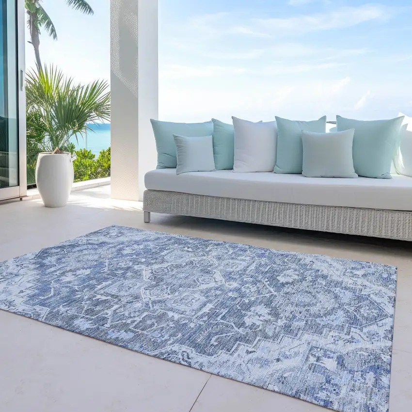 Denim Blue And Sky Blue Oriental Washable Indoor Outdoor Area Rug Photo 8