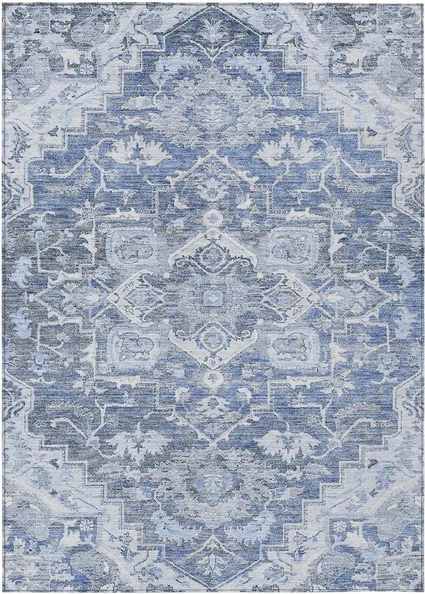 Denim Blue And Sky Blue Oriental Washable Indoor Outdoor Area Rug Photo 2