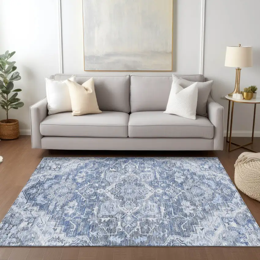 Denim Blue And Sky Blue Oriental Washable Indoor Outdoor Area Rug Photo 9