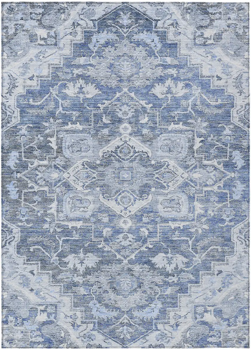 Denim Blue And Sky Blue Oriental Washable Indoor Outdoor Area Rug Photo 2