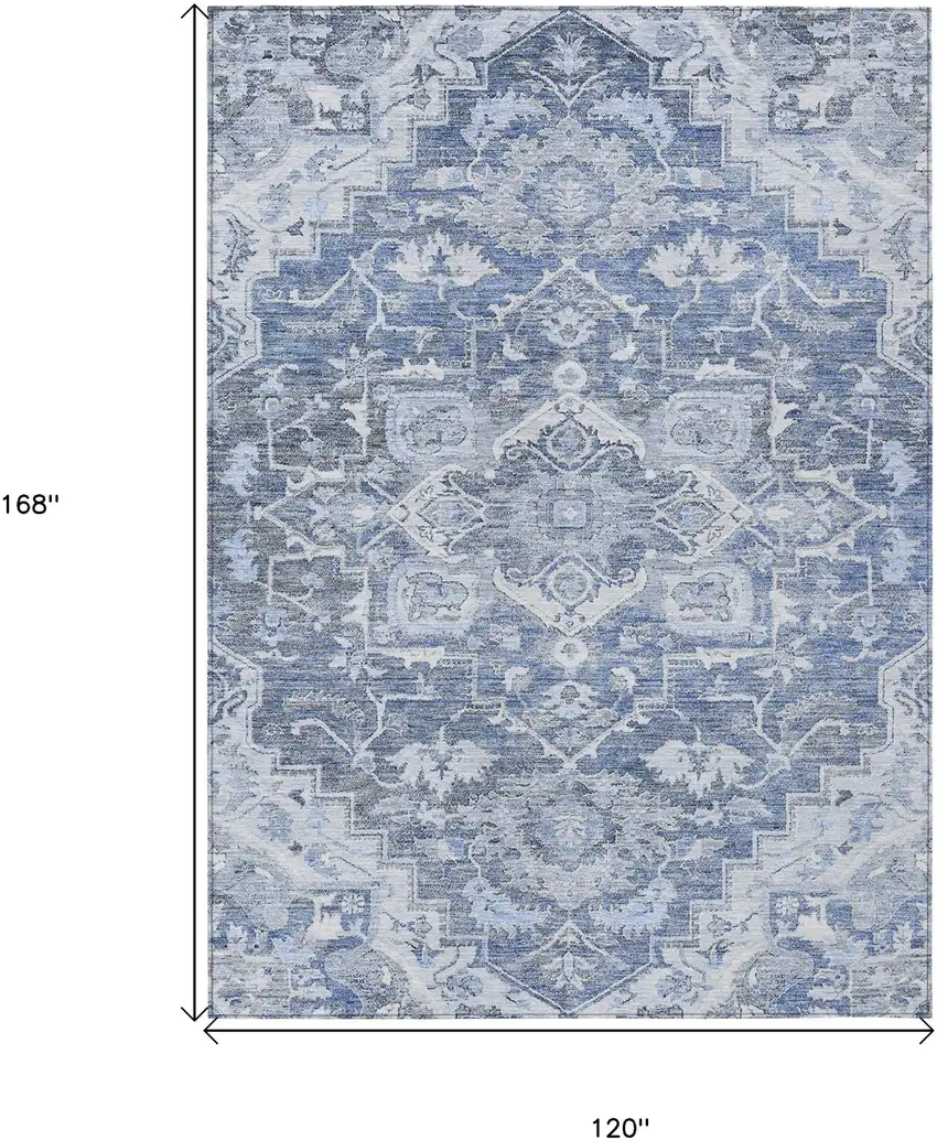 Denim Blue And Sky Blue Oriental Washable Indoor Outdoor Area Rug Photo 3
