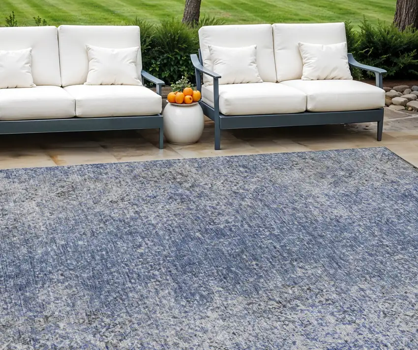 Denim Blue And Sky Blue Oriental Washable Indoor Outdoor Area Rug Photo 1