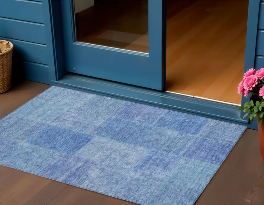 Denim Blue And Sky Blue Patchwork Washable Indoor Outdoor Area Rug Photo 1
