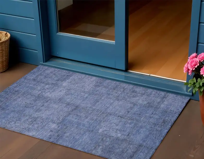 Denim Blue And Sky Blue Patchwork Washable Indoor Outdoor Area Rug Photo 1