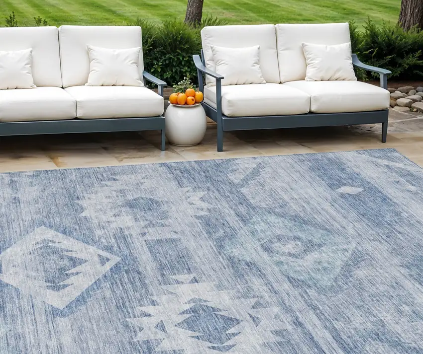 Denim Blue And Sky Blue Southwestern Washable Indoor Outdoor Area Rug Photo 1
