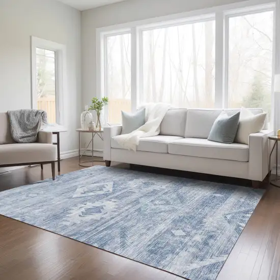 Denim Blue And Sky Blue Southwestern Washable Indoor Outdoor Area Rug Photo 9